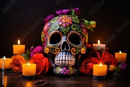Painted human skull with burning candles and flowers for Halloween