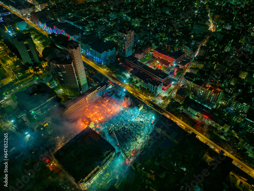 Aerial view of Firefighters and mass people were working to douse the massive fire in the capital city Dhaka, Bangladesh.