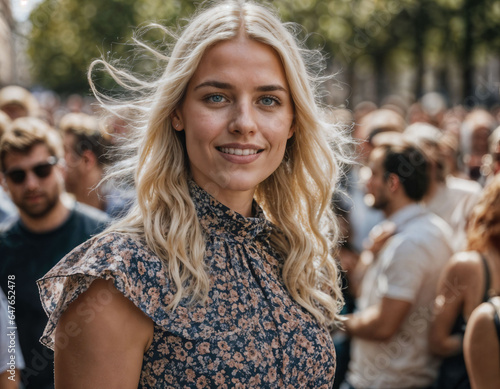 photo of beautiful woman at parade street in Europe country, generative AI