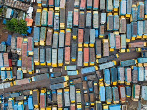 Aerial view of Truck stand in Dhaka City, Dhaka, Bangladesh. photo