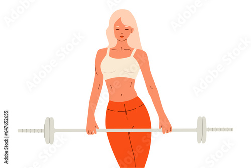 Vector set of flat illustration of sports equipment. Sports day. Sports girl with a barbell.