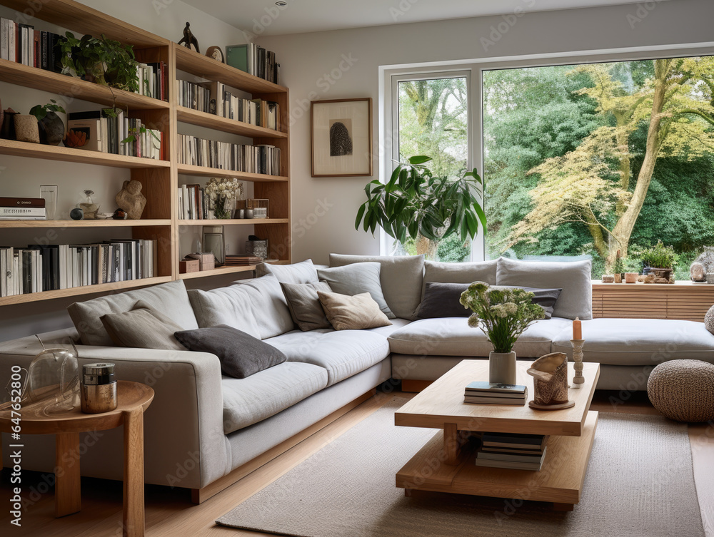 Wooden Bookshelf and Corner Sofa in Minimalist Living Room