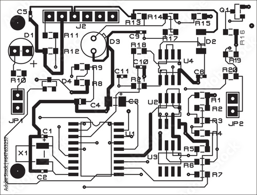 Tracing the conductors of a multilayer printed circuit board.
Vector drawing of printed tracks, transition holes,
contact pads and copper metallization areas.
Electronic circuit board with components