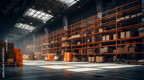 The Interior of a large warehouse full of boxes and pallets, stacked shelves on a warehouse.