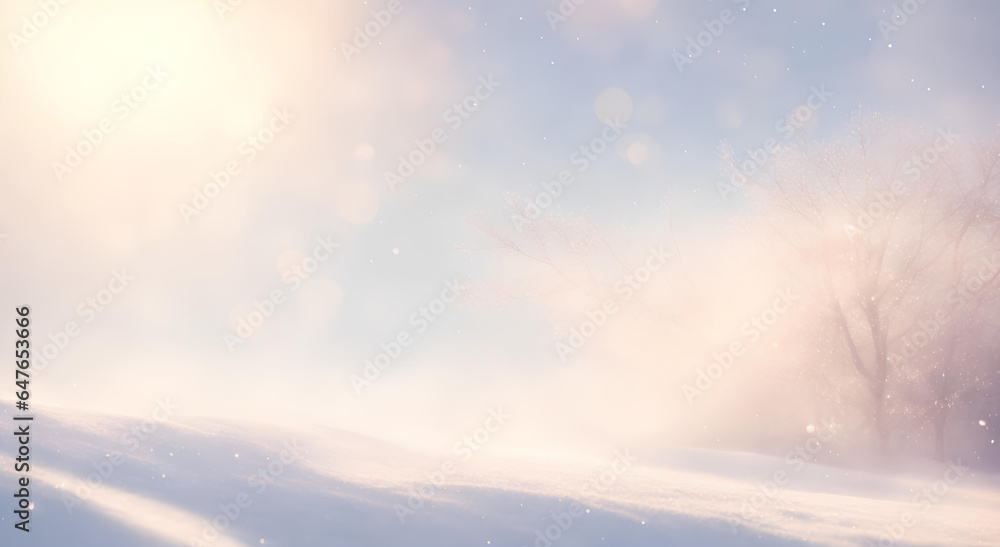 Winter landscape with sun rays and snow. AI - obrazy, fototapety, plakaty 