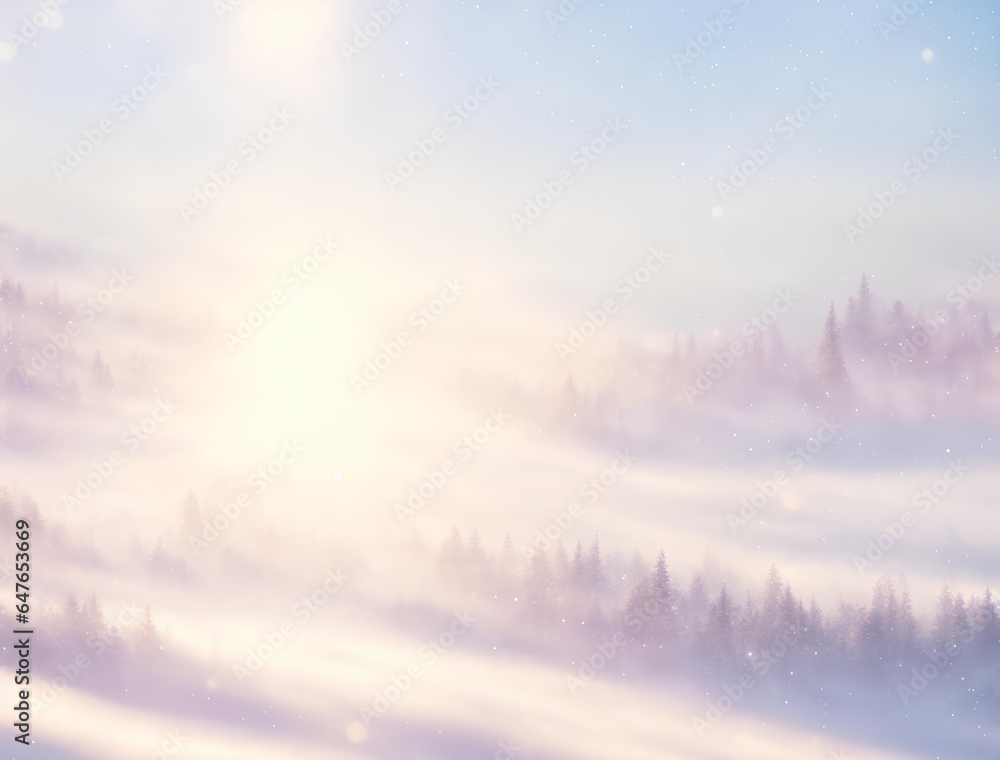 Winter landscape with sun rays and snow. AI - obrazy, fototapety, plakaty 