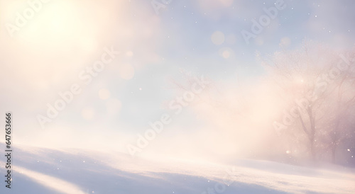Winter landscape with sun rays and snow. AI © Kei