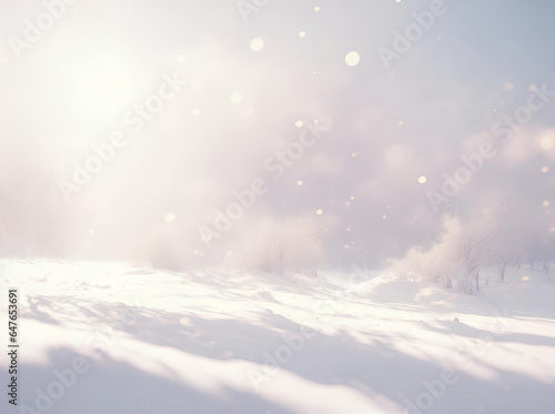 Winter landscape with sun rays and snow. AI © Kei