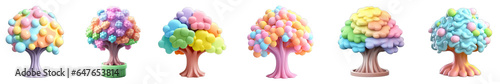 Tree collection 3D pastel colored icons isolated on transparent background PNG