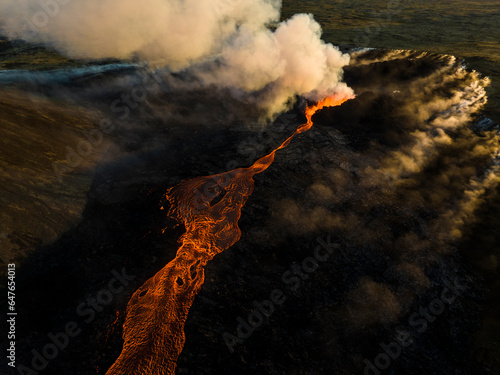 Aerial view of Litli-Hrutur (Little Ram) Volcano during an eruption on Fagradalsfjall volcanic area in southwest Iceland, it's a fissure eruption started on the Reykjanes Peninsula, Iceland.