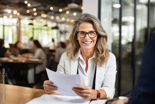 Smiling mature business woman hr holding cv at job interview. , dressed in a white shirt. Happy mid aged professional banking financial manager, insurance agent, lawyer consulting clients