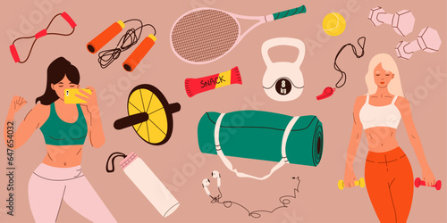 Vector set of flat illustration of sports equipment. Sports day. Items of different sports, dumbbells, rackets, weights, ball, rope, whistle, roller. Sports girls.