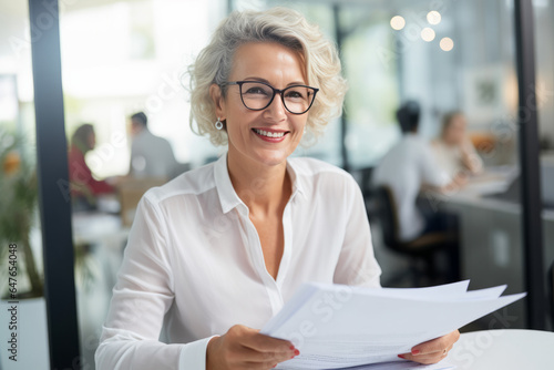 Fototapeta Naklejka Na Ścianę i Meble -  Smiling mature business woman hr holding cv at job interview. , dressed in a white shirt. Happy mid aged professional banking financial manager, insurance agent, lawyer consulting clients