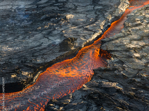 Aerial view of the magma flowing from the Litli-Hrutur (Little Ram) Volcano during an eruption on Fagradalsfjall volcanic area in southwest Iceland, Iceland.