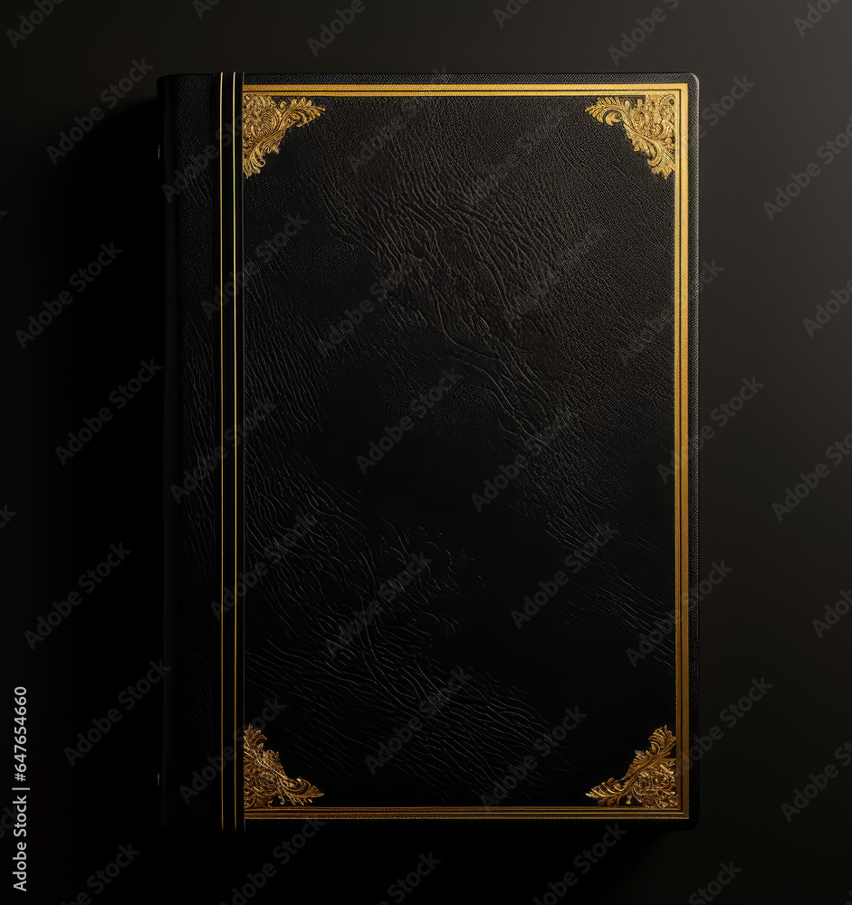 Fototapeta premium Front cover a a black notepad on a black background. 
