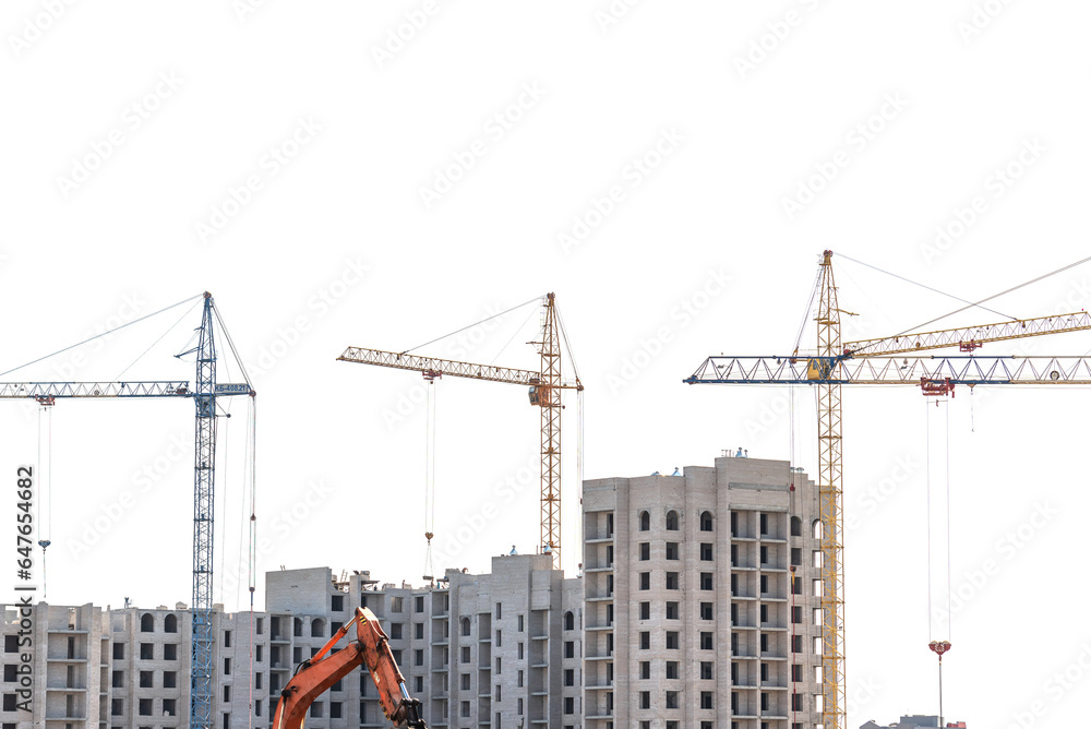 Construction of multi-storey buildings with tower cranes on a white isolated background. Construction of multi-storey buildings with tower cranes on a white isolated background.