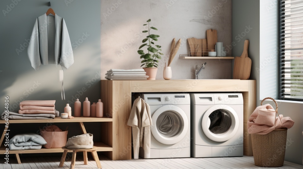 A modern washing machine and shelving unit are seen in a laundry room interior. A neutral color tone is used for the laundry room, and the lighting is bright and realistic. A modern washing machine and shelving unit are seen in a laundry room interior. A neutral color tone is used for the laundry room, and the lighting is bright and realistic.