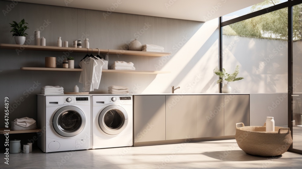 A modern washing machine and shelving unit are seen in a laundry room ...