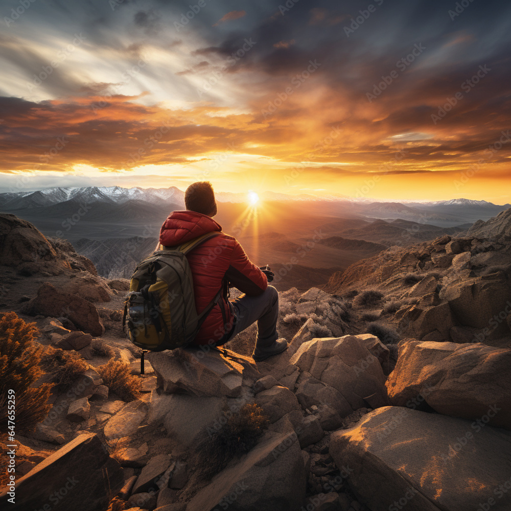 Fotografia de excursionista con mochila, sentado en rocas en cima de montaña, contemplando puesta de sol