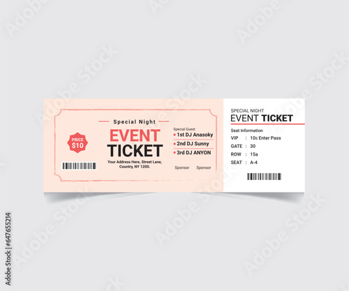 Event Ticket, Concert Ticket, Musical Program Ticket Template Vector File