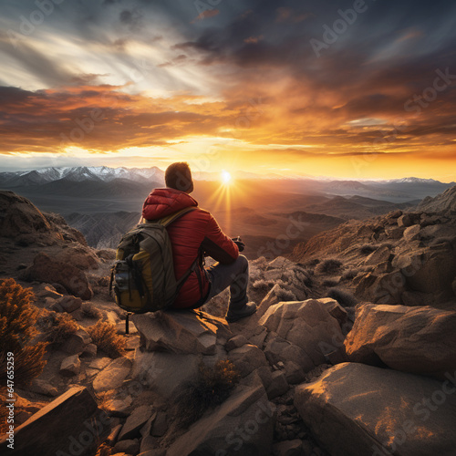 Fotografia de excursionista con mochila, sentado en rocas en cima de montaña, contemplando puesta de sol