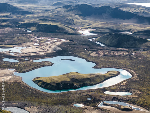 Aerial view of a beautiful mountain landscape with river at sunset, Kirkjubaejarklaustur, Southern region, Iceland.