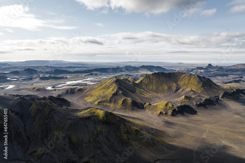 Aerial view of a beautiful mountain landscape with river at sunset, Kirkjubaejarklaustur, Southern region, Iceland.