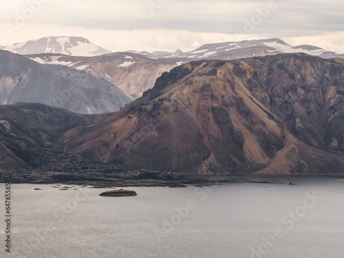 Aerial view of Frostastadavatn Lake surrounded by mountains, Hella, Southern Region, Iceland. photo