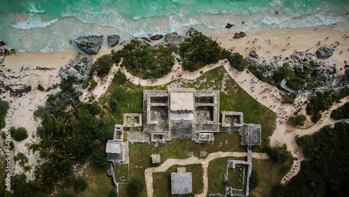 Aerial view of the Tulum ruins castle from right in top, Tulum, Quintana Roo, Mexico. photo
