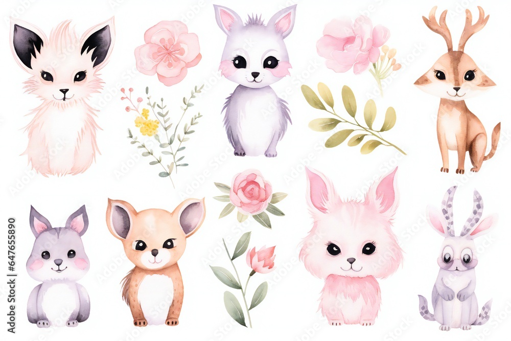 Pink pastel watercolor objects and decorations animals clip art Generative AI