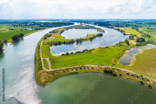 Aerial view of recreational area Gravenbol and floodplain Lunenburgerwaard along river Nederrijn, Wijk bij Duurstede, Utrecht, Netherlands. photo