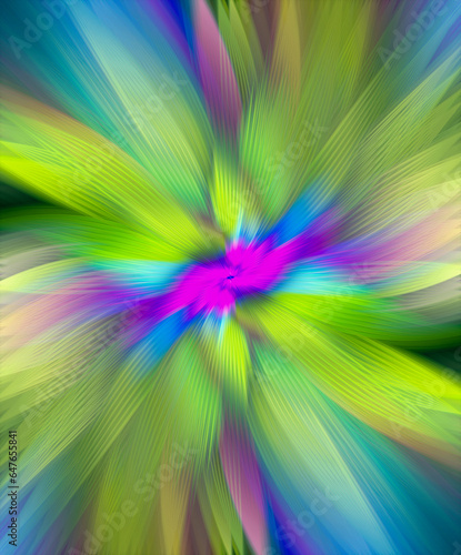 Abstract multicolored zoom effect background. Digitally generated image. Rays of versicolor light. Colorful radial blur  fast speed zooming motion  sunburst or starburst. Use for Banner Background