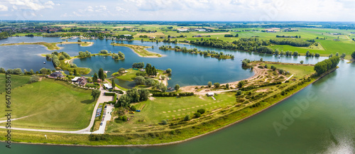 Aerial panorama of recreational and natural area Eiland van Maurik along river Nederrijn, Gelderland, Netherlands. photo