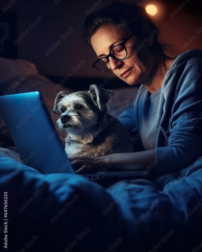 Senior Woman Relaxing with Dog and Laptop in Cinematic Lighting. Generative AI Senior Woman Relaxing with Dog and Laptop in Cinematic Lighting. Generative AI