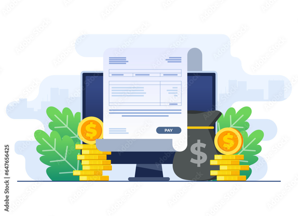 Payroll online payment flat illustration vector template, Invoice sheet, Calculate salary, Budget concept, Paycheck, wage payment - obrazy, fototapety, plakaty 