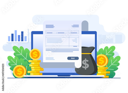 Payroll online payment flat illustration vector template, Invoice sheet, Calculate salary, Budget concept, Paycheck, wage payment