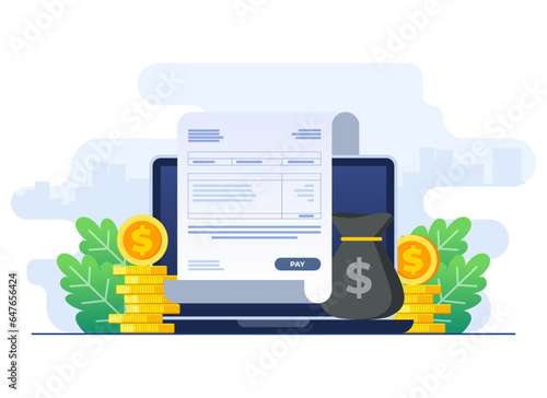 Payroll online payment flat illustration vector template, Invoice sheet, Calculate salary, Budget concept, Paycheck, wage payment