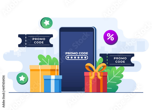 Using promo code on online shopping checkout, Discount code, Gift voucher, Gift card, Bonus, Promotion campaign concept vector flat illustration for web banner, website design, social media