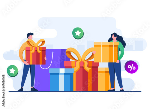 Online reward and gifts, Happy people receive gift boxes, Referral program concept flat illustration vector template, 