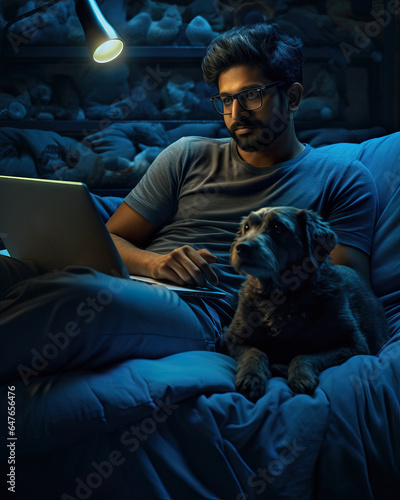 Cinematic Portrait of Man with Dog Using Laptop in Moody Lighting. Generative AI