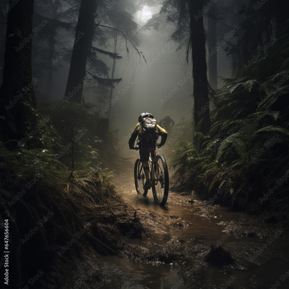 Fotografia de ciclista de montaña sobre pista de tierra entre arboles