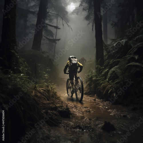 Fotografia de ciclista de montaña sobre pista de tierra entre arboles © Iridium Creatives