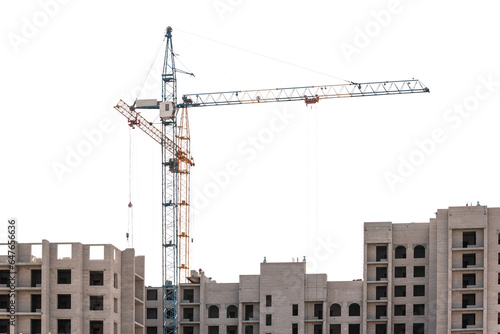 Construction of multi-storey buildings with tower cranes on a white isolated background.