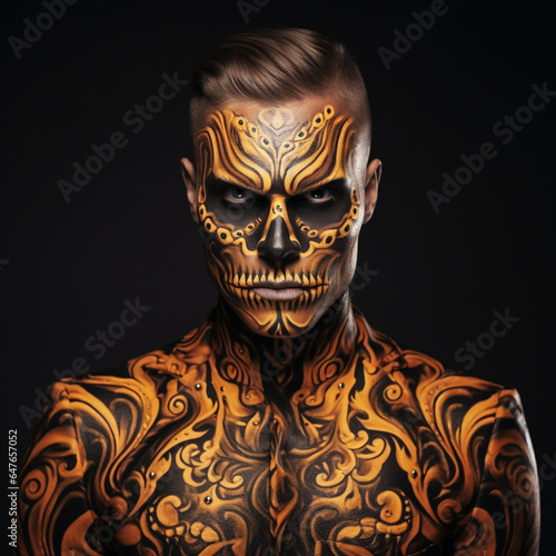 Fotografia de atractivo hombre con maquillaje y tatuajes de estetica Halloween y tonos naranja © Iridium Creatives