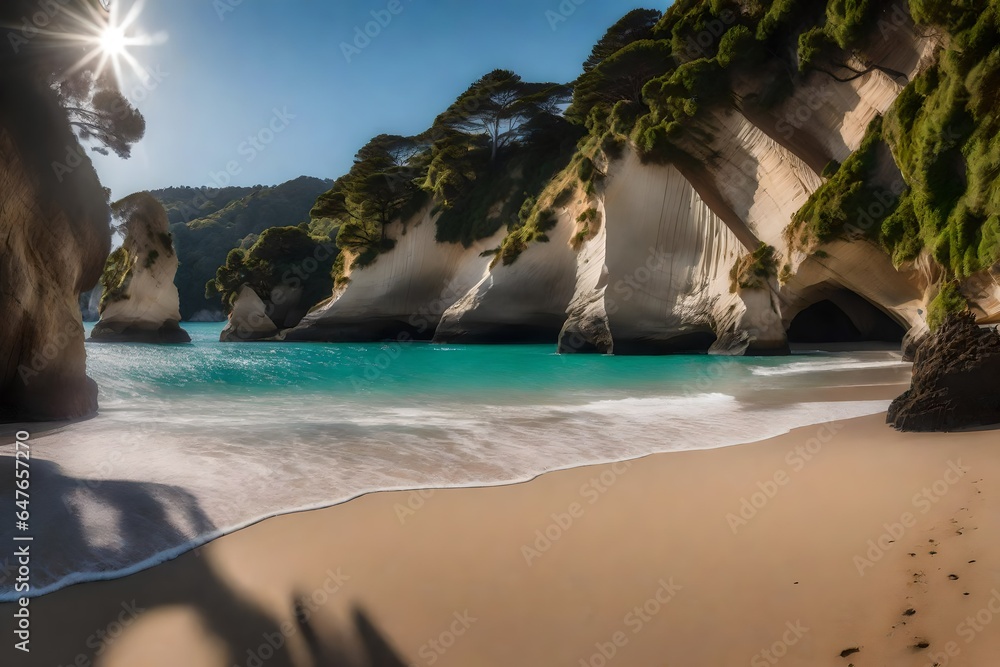 Naklejka premium Cathedral Cove beach in summer without people during daytime4k, 8k, 16k, full ultra hd, high resolution and cinematic photography --ar 32 --v 5 --upbeta --v 5