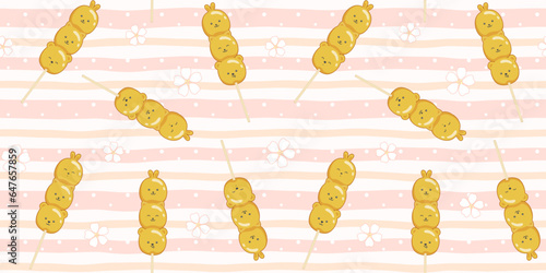 Kawaii Mitarashi Dango in the form of cute animals on a pink striped background with sakura flowers. Endless texture with Japanese dessert characters on a stick. Vector seamless pattern for giftwrap