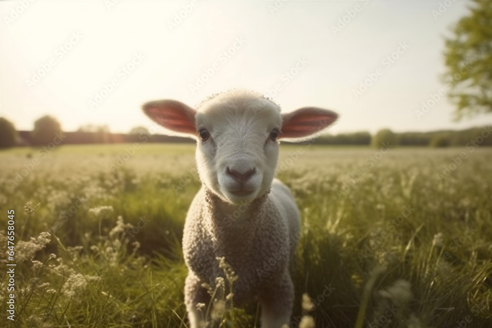 sun grass lamb green field animal wool farm sheep meadow. Generative AI.