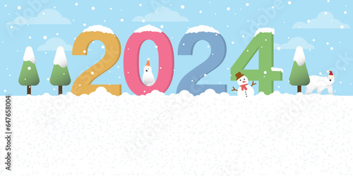 Snowscape with 2024 alphabet flat design vector illustration. Merry Christmas and Happy New Year greeting card template have blank space.