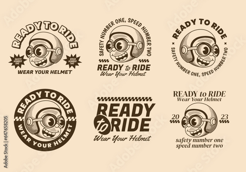 Ready to ride. Wear your helmet. Retro illustration of a boy head wearing helmet