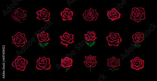 Rose flowers icon set, floral logo for boutique fashion, spa, and beauty brands. Luxury symbol of love and romance. Vector logo.